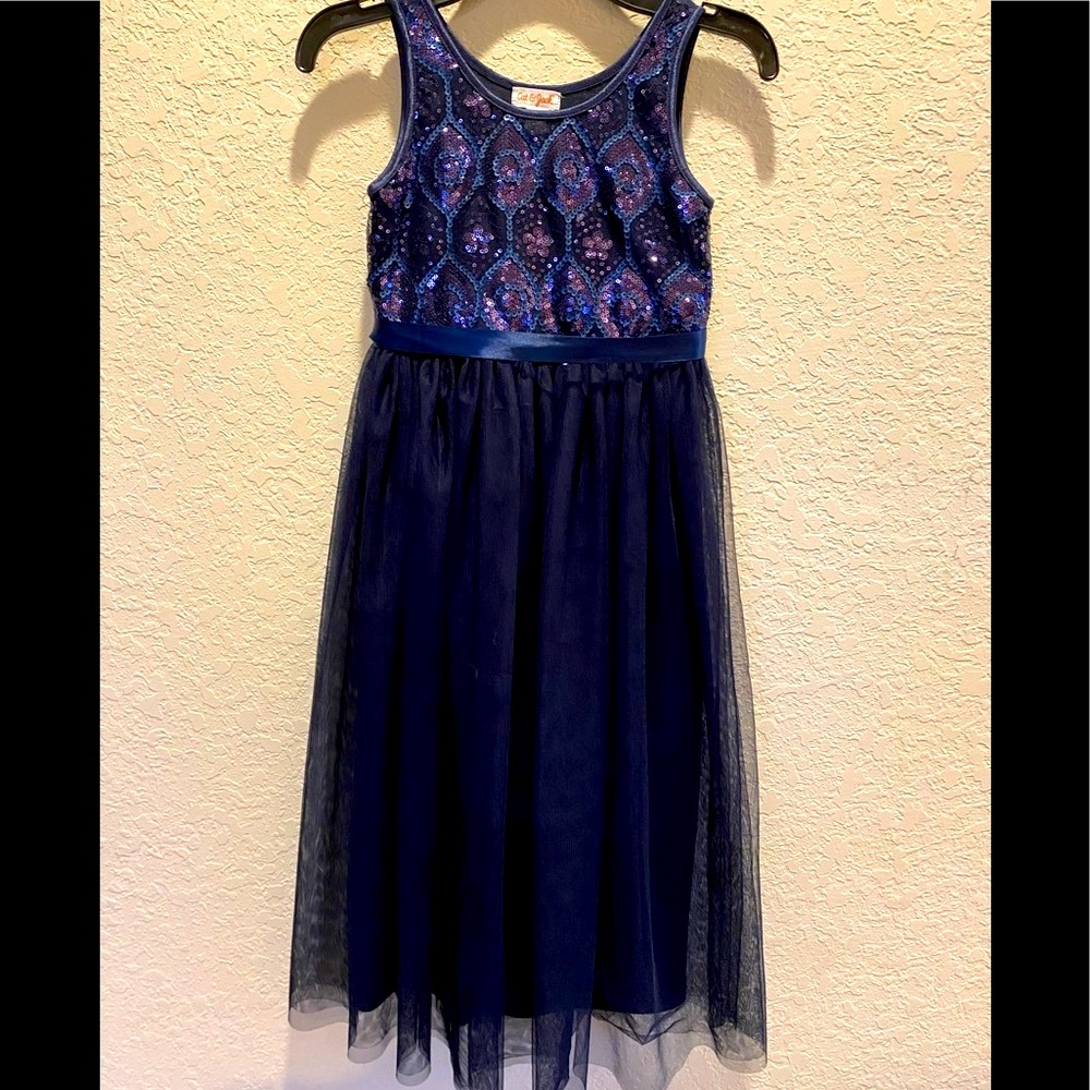 Full Length Navy Party Dress Small (6/6x) sequin bodice & tulle skirt